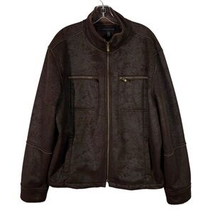 Structure Brown Vegan Suede Leather Sherpa Lined Full Zip Patchwork Coat Jacket